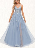 Virginia A-line V-Neck Floor-Length Tulle Prom Dresses UKP0020869