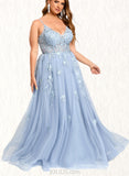 Virginia A-line V-Neck Floor-Length Tulle Prom Dresses UKP0020869