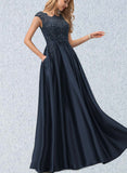 Linda Ball-Gown/Princess Scoop Floor-Length Satin Prom Dresses With Beading Bow Sequins UKP0020874