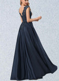 Linda Ball-Gown/Princess Scoop Floor-Length Satin Prom Dresses With Beading Bow Sequins UKP0020874