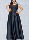 Linda Ball-Gown/Princess Scoop Floor-Length Satin Prom Dresses With Beading Bow Sequins UKP0020874