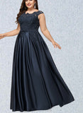 Linda Ball-Gown/Princess Scoop Floor-Length Satin Prom Dresses With Beading Bow Sequins UKP0020874