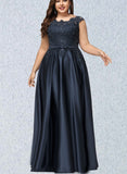 Linda Ball-Gown/Princess Scoop Floor-Length Satin Prom Dresses With Beading Bow Sequins UKP0020874