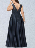 Linda Ball-Gown/Princess Scoop Floor-Length Satin Prom Dresses With Beading Bow Sequins UKP0020874