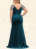 Leah Sheath/Column V-Neck Sweep Train Velvet Evening Dress With Beading Cascading Ruffles UKP0020875