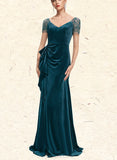 Leah Sheath/Column V-Neck Sweep Train Velvet Evening Dress With Beading Cascading Ruffles UKP0020875