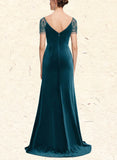 Leah Sheath/Column V-Neck Sweep Train Velvet Evening Dress With Beading Cascading Ruffles UKP0020875