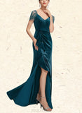 Leah Sheath/Column V-Neck Sweep Train Velvet Evening Dress With Beading Cascading Ruffles UKP0020875