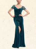 Leah Sheath/Column V-Neck Sweep Train Velvet Evening Dress With Beading Cascading Ruffles UKP0020875