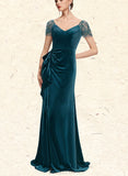 Leah Sheath/Column V-Neck Sweep Train Velvet Evening Dress With Beading Cascading Ruffles UKP0020875