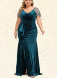 Leah Sheath/Column V-Neck Sweep Train Velvet Evening Dress With Beading Cascading Ruffles UKP0020875