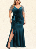 Leah Sheath/Column V-Neck Sweep Train Velvet Evening Dress With Beading Cascading Ruffles UKP0020875