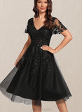 Lizbeth A-line V-Neck Knee-Length Lace Tulle Cocktail Dress With Sequins UKP0020878