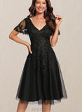 Lizbeth A-line V-Neck Knee-Length Lace Tulle Cocktail Dress With Sequins UKP0020878