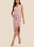 Lily Sheath/Column V-Neck Asymmetrical Chiffon Cocktail Dress With Pleated Ruffle UKP0020882