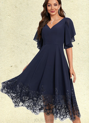 Braelyn A-line V-Neck Tea-Length Chiffon Lace Cocktail Dress With Sequins UKP0020887