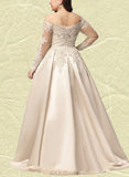 Frederica Ball-Gown/Princess Off the Shoulder Sweep Train Lace Satin Prom Dresses With Sequins UKP0020890