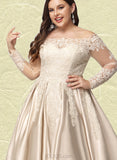 Frederica Ball-Gown/Princess Off the Shoulder Sweep Train Lace Satin Prom Dresses With Sequins UKP0020890