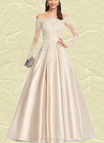 Frederica Ball-Gown/Princess Off the Shoulder Sweep Train Lace Satin Prom Dresses With Sequins UKP0020890