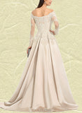 Frederica Ball-Gown/Princess Off the Shoulder Sweep Train Lace Satin Prom Dresses With Sequins UKP0020890