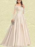 Frederica Ball-Gown/Princess Off the Shoulder Sweep Train Lace Satin Prom Dresses With Sequins UKP0020890