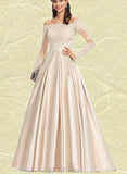 Frederica Ball-Gown/Princess Off the Shoulder Sweep Train Lace Satin Prom Dresses With Sequins UKP0020890