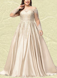 Frederica Ball-Gown/Princess Off the Shoulder Sweep Train Lace Satin Prom Dresses With Sequins UKP0020890