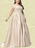 Frederica Ball-Gown/Princess Off the Shoulder Sweep Train Lace Satin Prom Dresses With Sequins UKP0020890