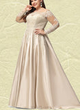 Frederica Ball-Gown/Princess Off the Shoulder Sweep Train Lace Satin Prom Dresses With Sequins UKP0020890