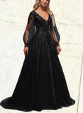 Alyvia Ball-Gown/Princess V-Neck Sweep Train Lace Tulle Prom Dresses With Sequins UKP0020894