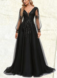 Alyvia Ball-Gown/Princess V-Neck Sweep Train Lace Tulle Prom Dresses With Sequins UKP0020894