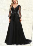 Alyvia Ball-Gown/Princess V-Neck Sweep Train Lace Tulle Prom Dresses With Sequins UKP0020894