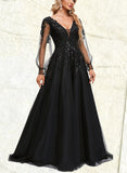 Alyvia Ball-Gown/Princess V-Neck Sweep Train Lace Tulle Prom Dresses With Sequins UKP0020894