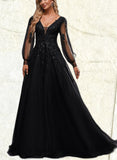 Alyvia Ball-Gown/Princess V-Neck Sweep Train Lace Tulle Prom Dresses With Sequins UKP0020894