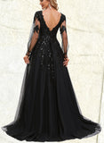 Alyvia Ball-Gown/Princess V-Neck Sweep Train Lace Tulle Prom Dresses With Sequins UKP0020894