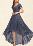 Amari A-line V-Neck Asymmetrical Chiffon Lace Evening Dress With Pleated UKP0020902