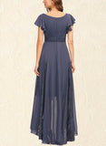 Amari A-line V-Neck Asymmetrical Chiffon Lace Evening Dress With Pleated UKP0020902