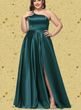 Isabella A-line One Shoulder Floor-Length Satin Prom Dresses With Rhinestone UKP0020905