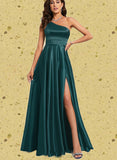 Isabella A-line One Shoulder Floor-Length Satin Prom Dresses With Rhinestone UKP0020905