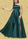 Isabella A-line One Shoulder Floor-Length Satin Prom Dresses With Rhinestone UKP0020905