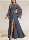 Frida A-line Scoop Floor-Length Chiffon Evening Dress With Beading Pleated Sequins UKP0020909