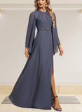 Frida A-line Scoop Floor-Length Chiffon Evening Dress With Beading Pleated Sequins UKP0020909