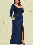 Cindy Sheath/Column V-Neck Floor-Length Velvet Evening Dress With Pleated UKP0020911