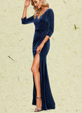 Cindy Sheath/Column V-Neck Floor-Length Velvet Evening Dress With Pleated UKP0020911