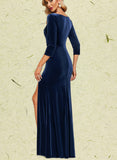 Cindy Sheath/Column V-Neck Floor-Length Velvet Evening Dress With Pleated UKP0020911