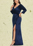 Cindy Sheath/Column V-Neck Floor-Length Velvet Evening Dress With Pleated UKP0020911