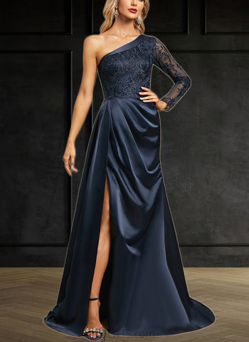 Breanna Trumpet/Mermaid One Shoulder Sweep Train Lace Satin Evening Dress With Pleated UKP0020914