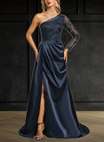 Breanna Trumpet/Mermaid One Shoulder Sweep Train Lace Satin Evening Dress With Pleated UKP0020914