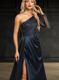 Breanna Trumpet/Mermaid One Shoulder Sweep Train Lace Satin Evening Dress With Pleated UKP0020914