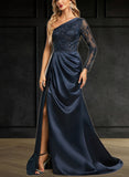 Breanna Trumpet/Mermaid One Shoulder Sweep Train Lace Satin Evening Dress With Pleated UKP0020914